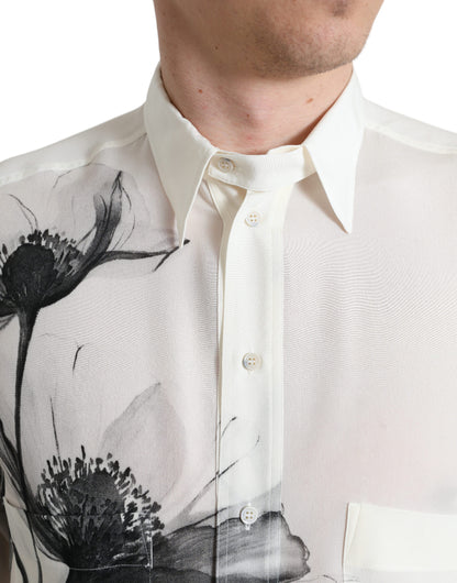 Dolce &amp; Gabbana Vit Blommig Krageklänning Sidenskjorta