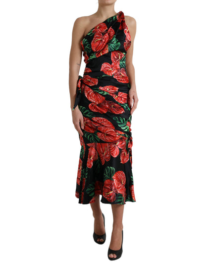 Dolce &amp; Gabbana Svart Glänsande Sidenklänning med Blommönster och Drapering