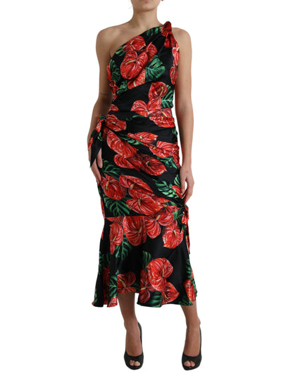 Dolce &amp; Gabbana Svart Glänsande Sidenklänning med Blommönster och Drapering