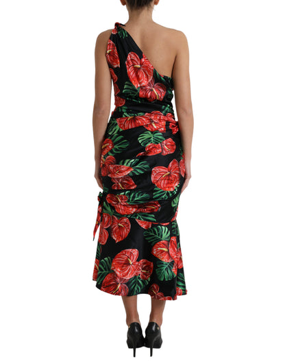 Dolce &amp; Gabbana Svart Glänsande Sidenklänning med Blommönster och Drapering
