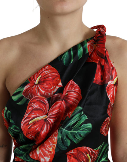 Dolce &amp; Gabbana Svart Glänsande Sidenklänning med Blommönster och Drapering