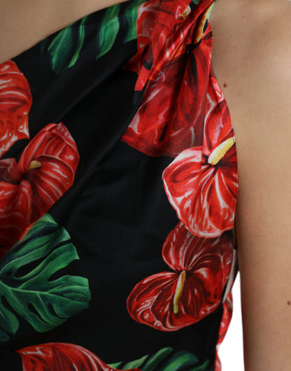Dolce &amp; Gabbana Svart Glänsande Sidenklänning med Blommönster och Drapering