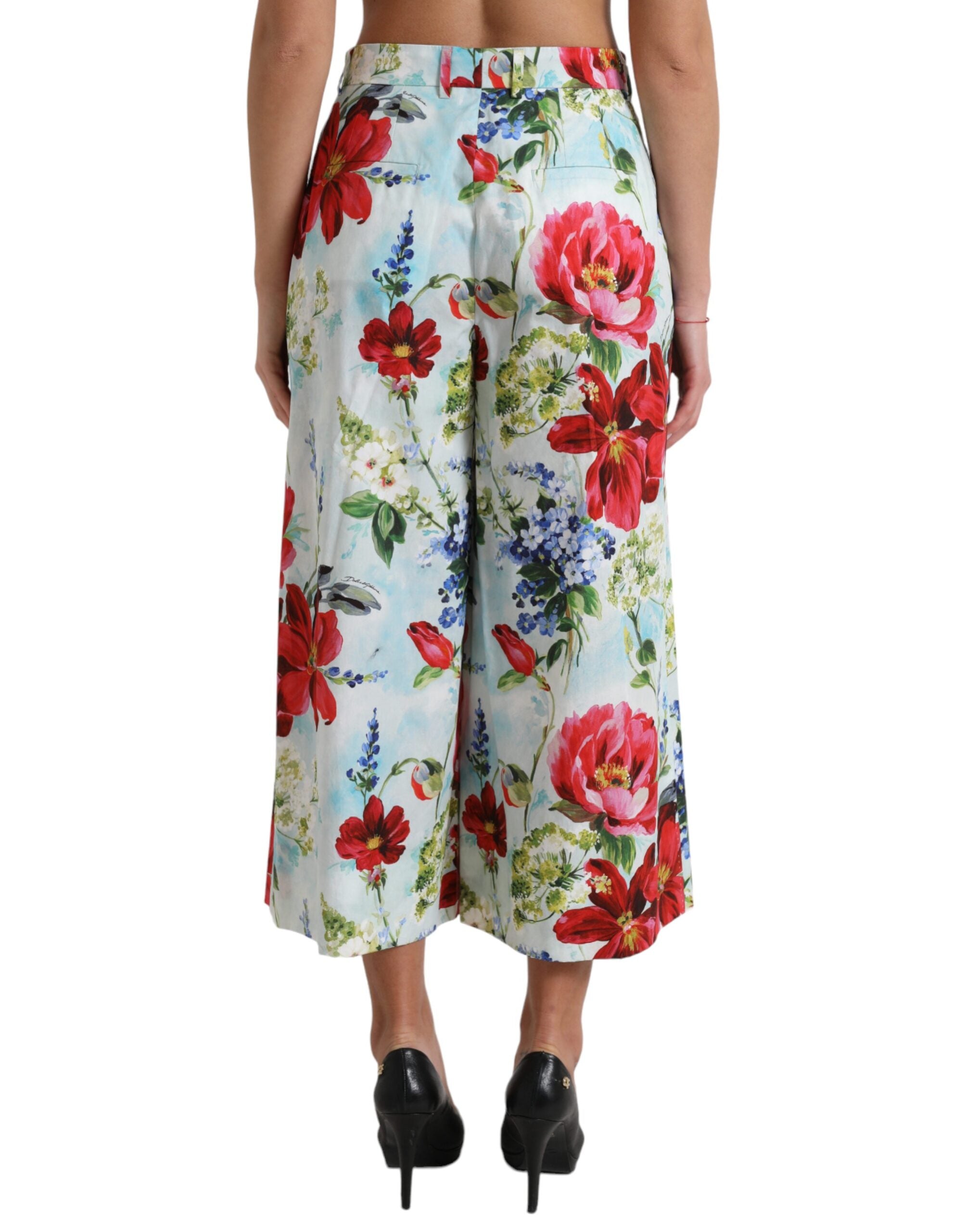 Flerfärgade blommiga byxor med hög midja och vida ben