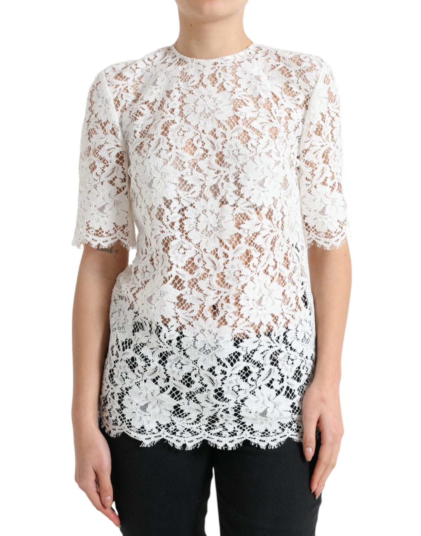 Dolce &amp; Gabbana Vit Blommig Spets Bomullsblus Rund Halsad