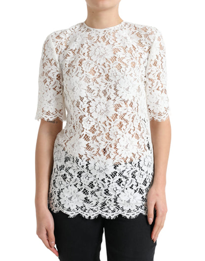 Dolce &amp; Gabbana Vit Blommig Spets Bomullsblus Rund Halsad