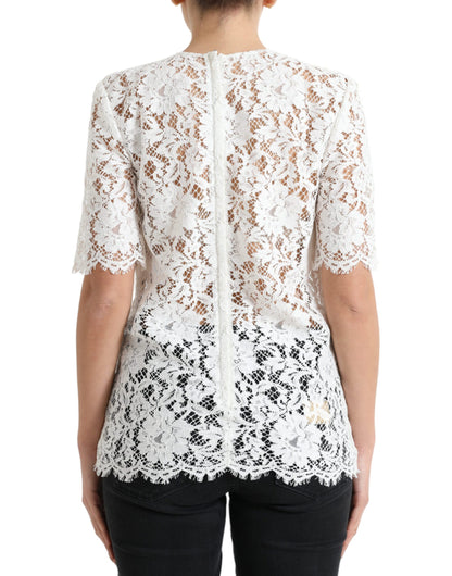 Dolce &amp; Gabbana Vit Blommig Spets Bomullsblus Rund Halsad