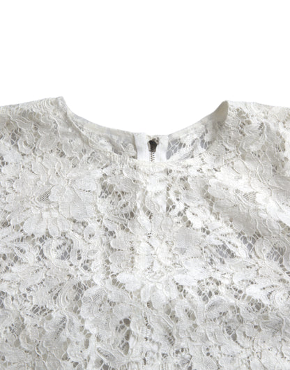 Dolce &amp; Gabbana Vit Blommig Spets Bomullsblus Rund Halsad