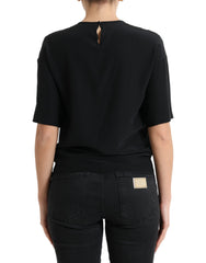 Dolce & Gabbana Black Silk Round Neck Short Sleeve Blouse Top