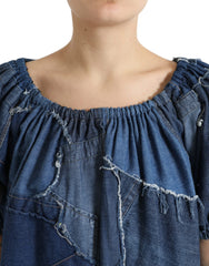 Dolce & Gabbana Blue Patchwork Short Sleeves Denim Blouse Top