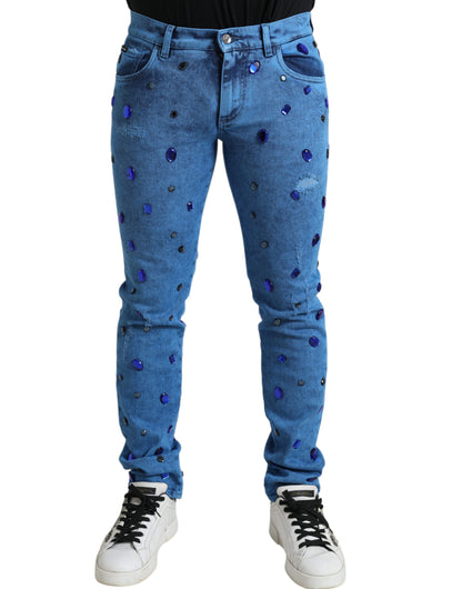Dolce &amp; Gabbana Blå Kristallutsmyckade Skinny Denim Jeans