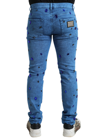 Dolce &amp; Gabbana Blå Kristallutsmyckade Skinny Denim Jeans