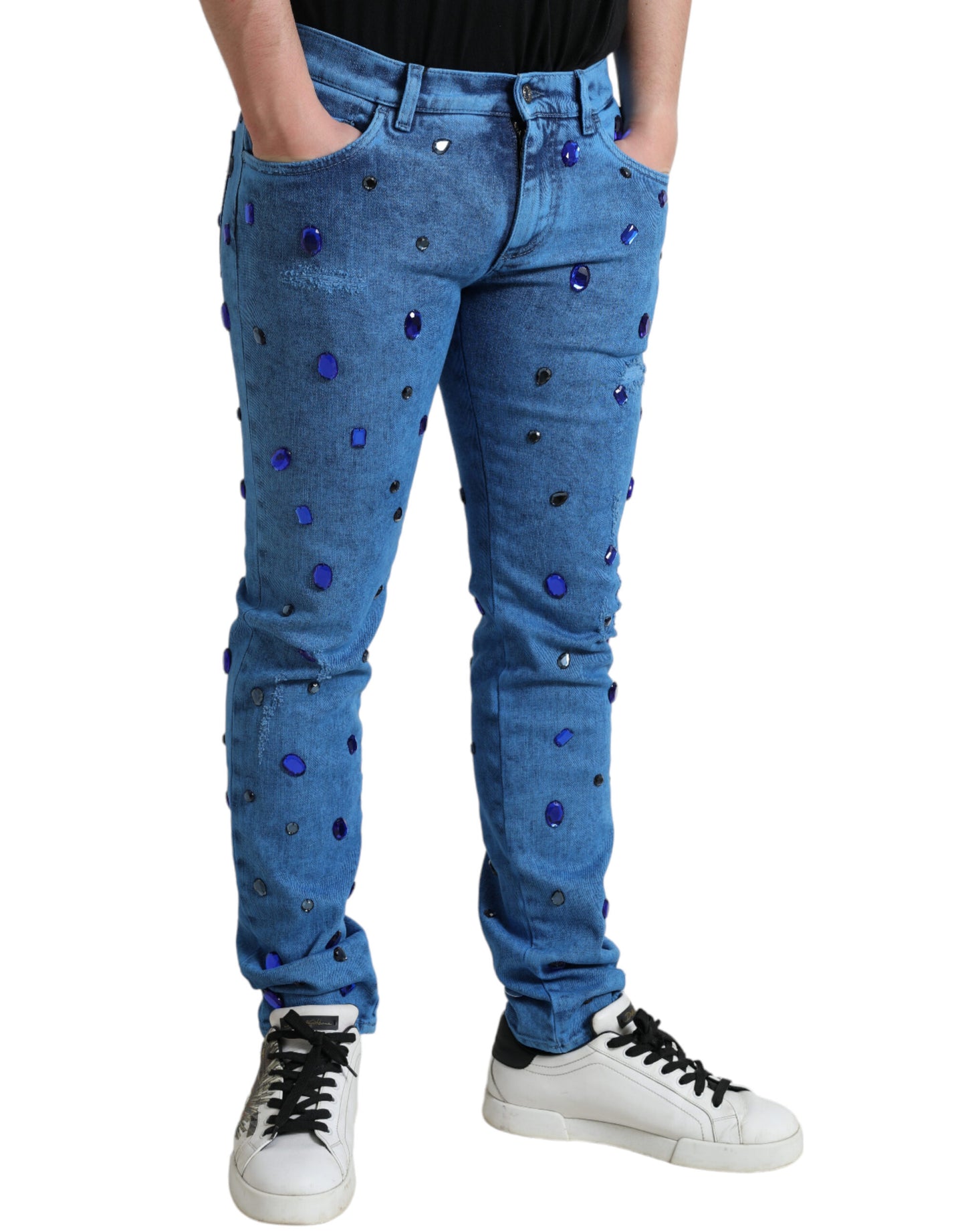 Dolce &amp; Gabbana Blå Kristallutsmyckade Skinny Denim Jeans