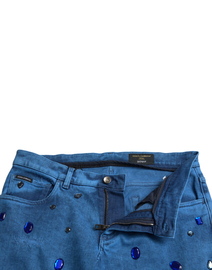 Dolce &amp; Gabbana Blå Kristallutsmyckade Skinny Denim Jeans