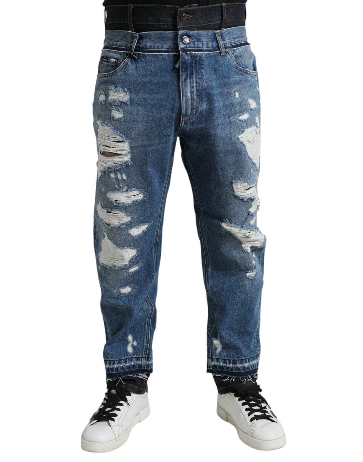 Dolce &amp; Gabbana Blåa Trasiga Bomulls Herrjeans