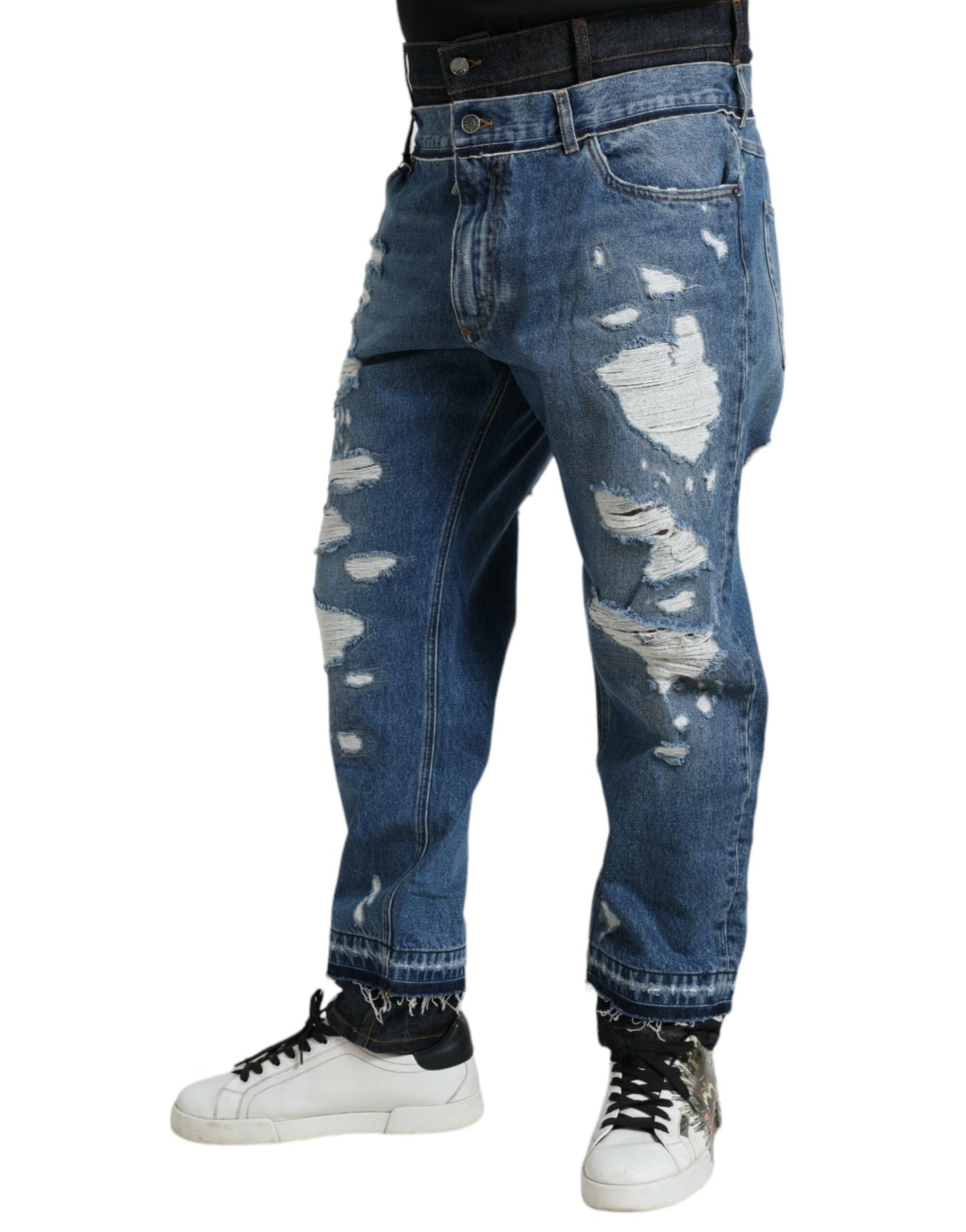 Dolce &amp; Gabbana Blåa Trasiga Bomulls Herrjeans