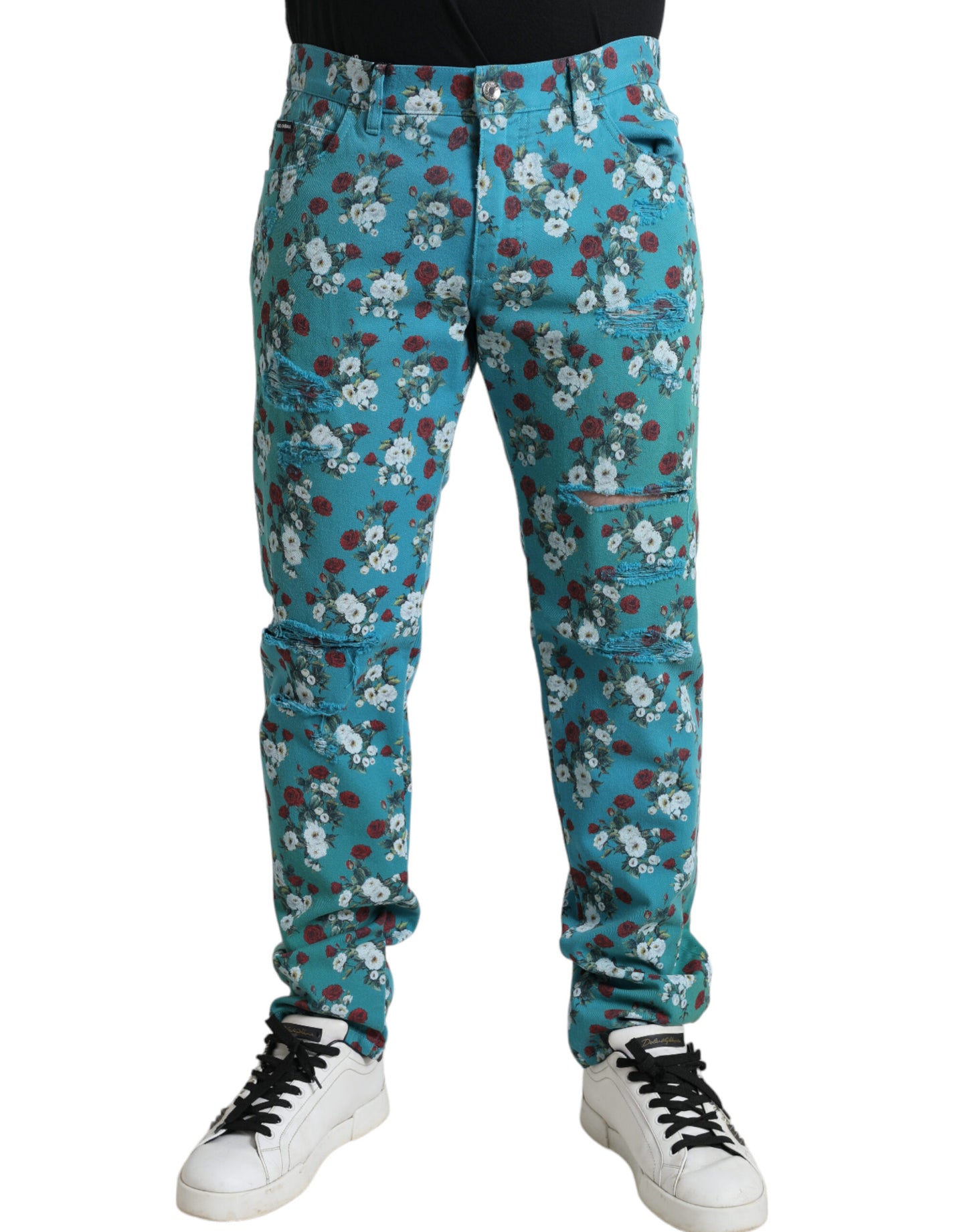 Dolce &amp; Gabbana Blå Blommiga Skinny Bomullsbyxor