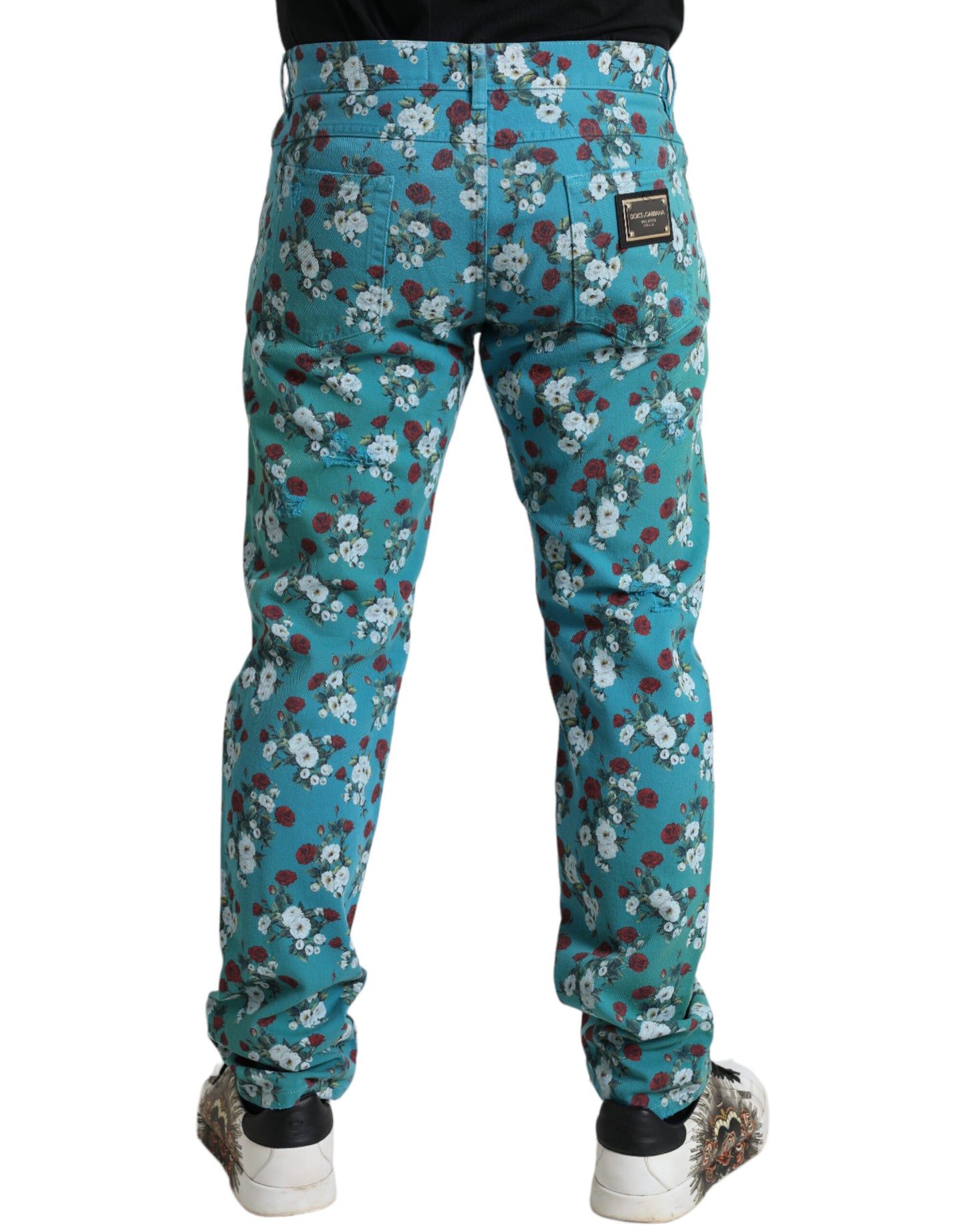 Dolce &amp; Gabbana Blå Blommiga Skinny Bomullsbyxor