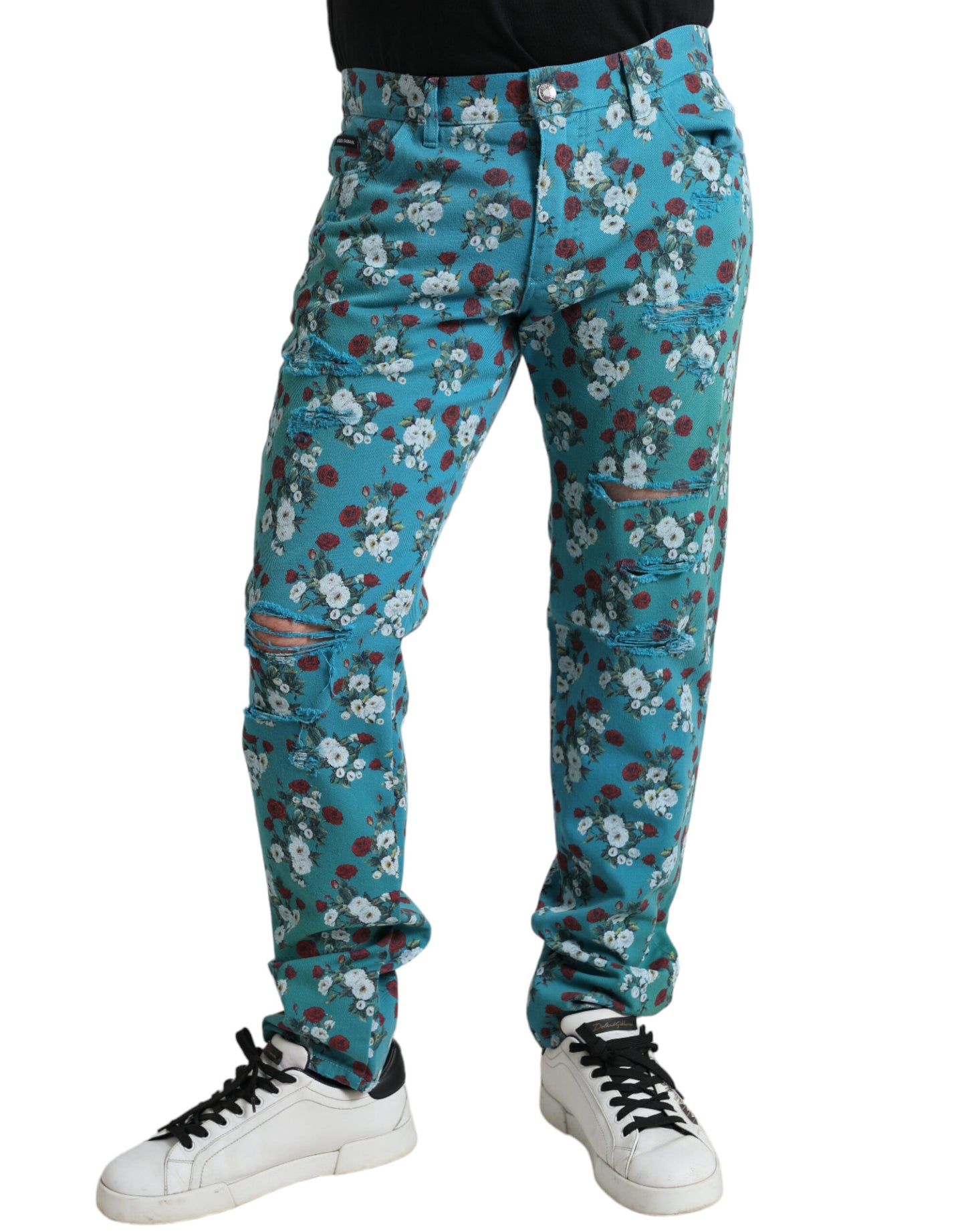 Dolce &amp; Gabbana Blå Blommiga Skinny Bomullsbyxor