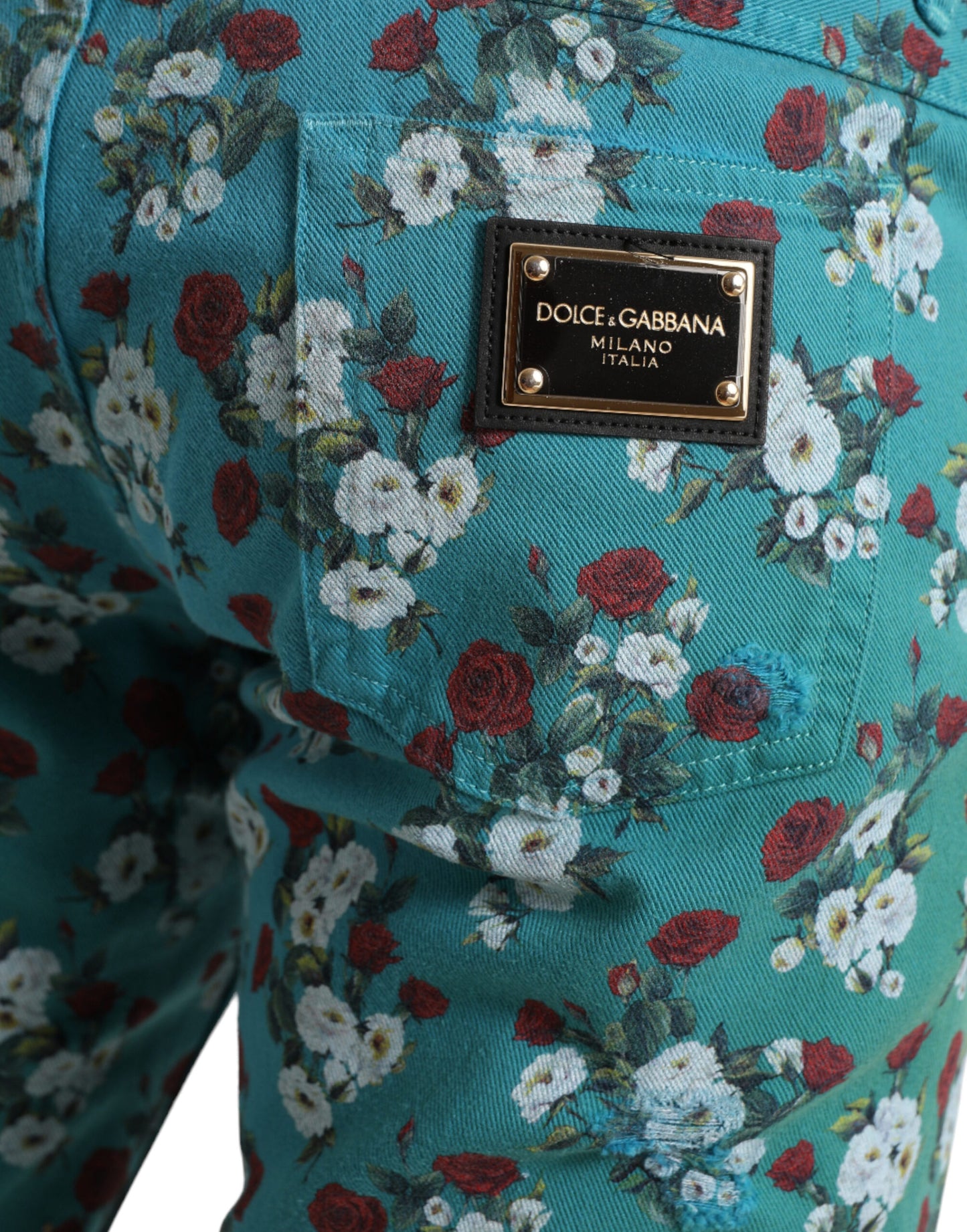 Dolce &amp; Gabbana Blå Blommiga Skinny Bomullsbyxor