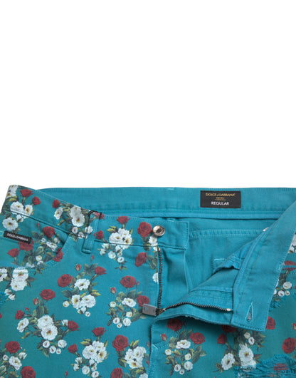 Dolce &amp; Gabbana Blå Blommiga Skinny Bomullsbyxor