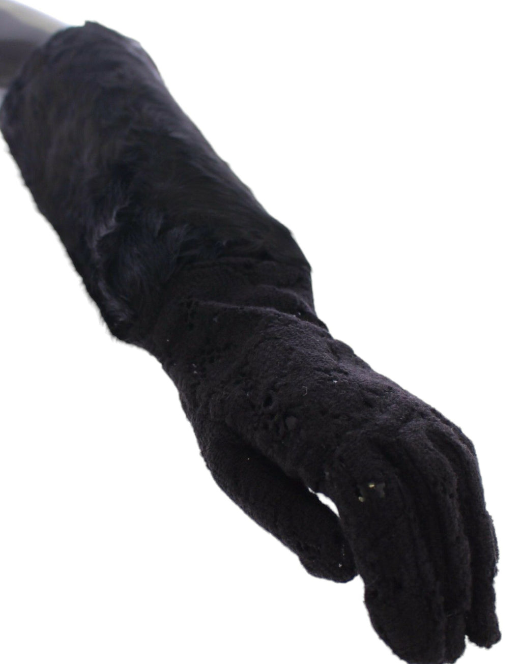 Svarta armbågshandskar i ull och lammskinn i spets