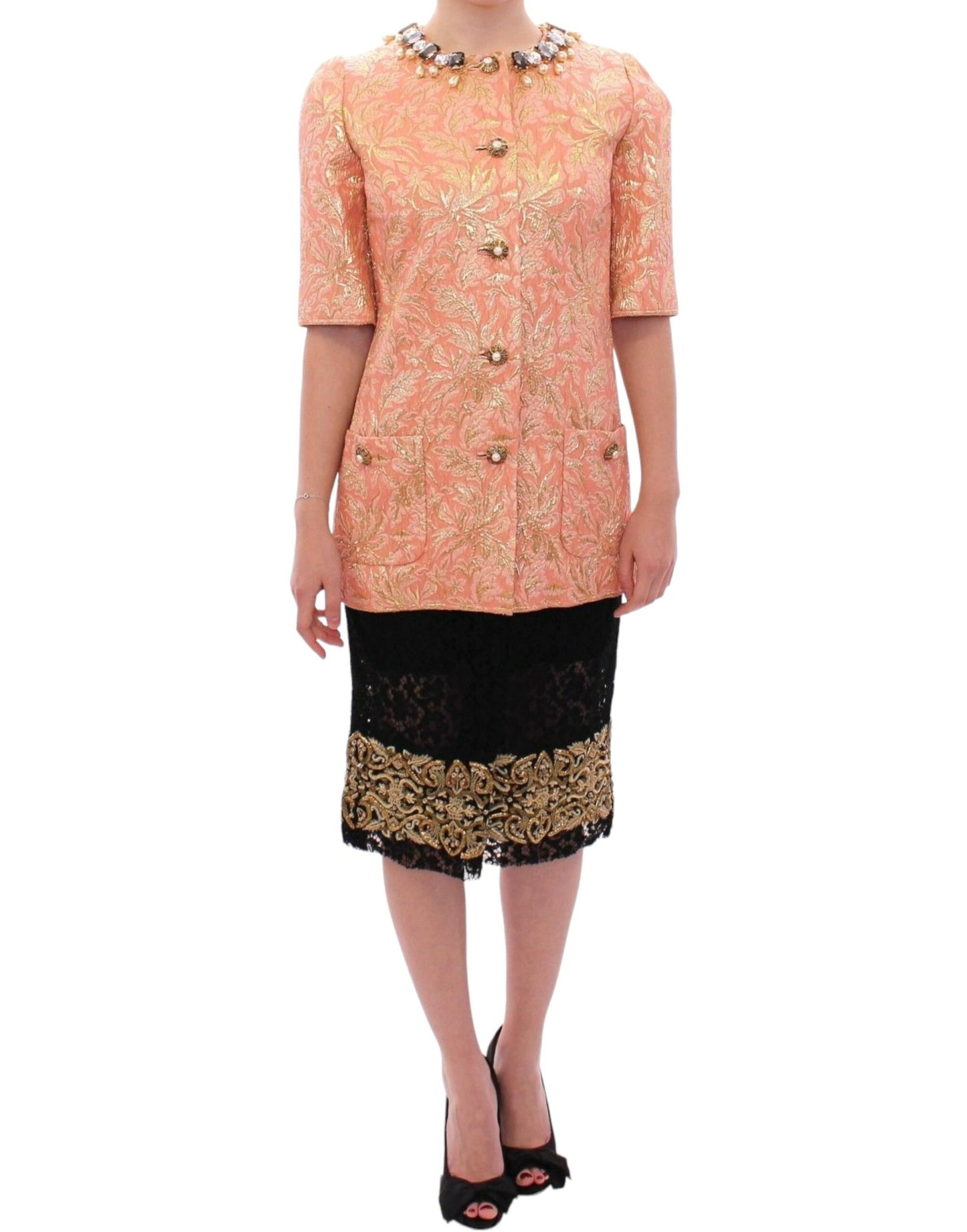 Dolce &amp; Gabbana Rosa Sidenbrokad Kristalljacka