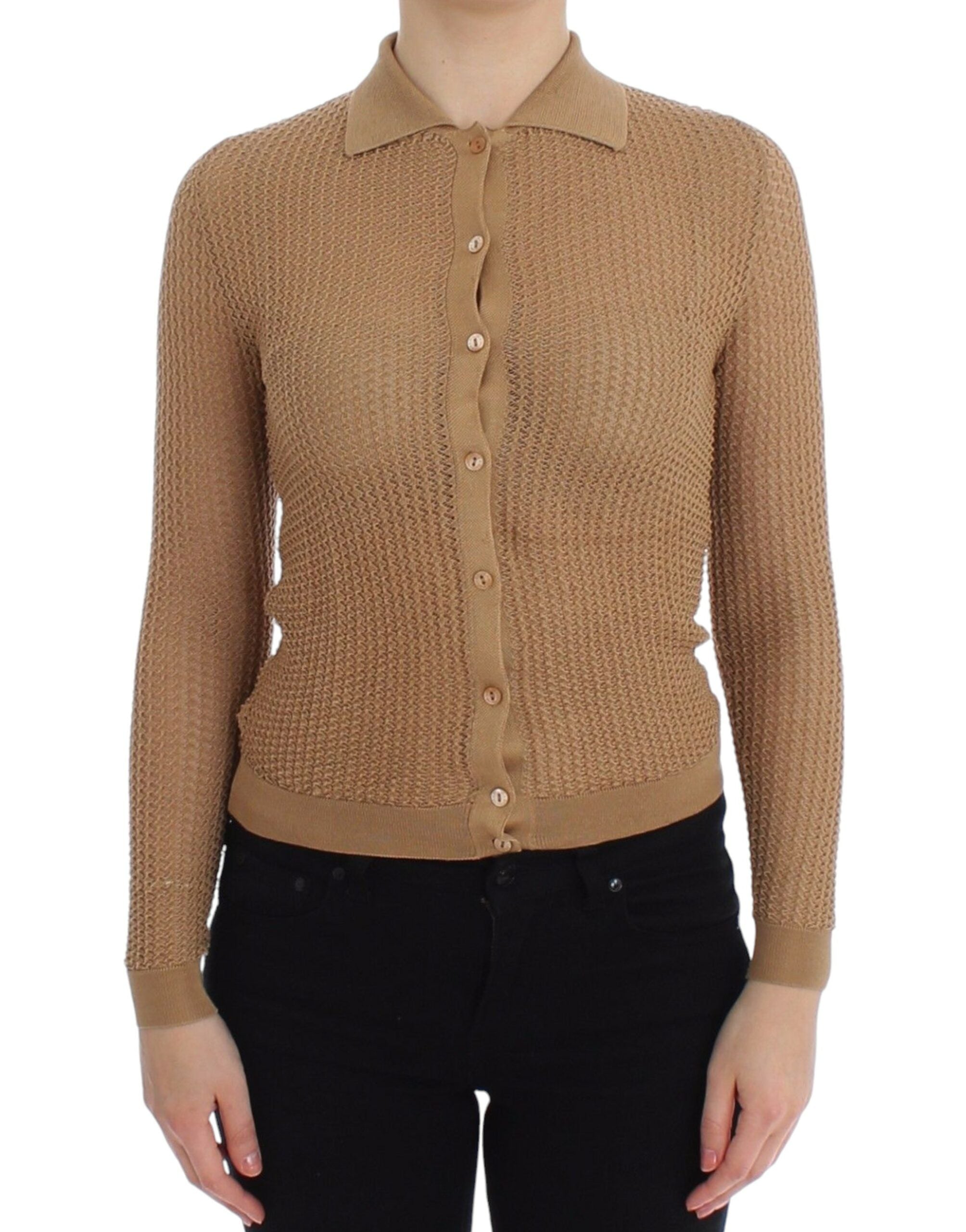 Beige stickad bomullspolo-kofta