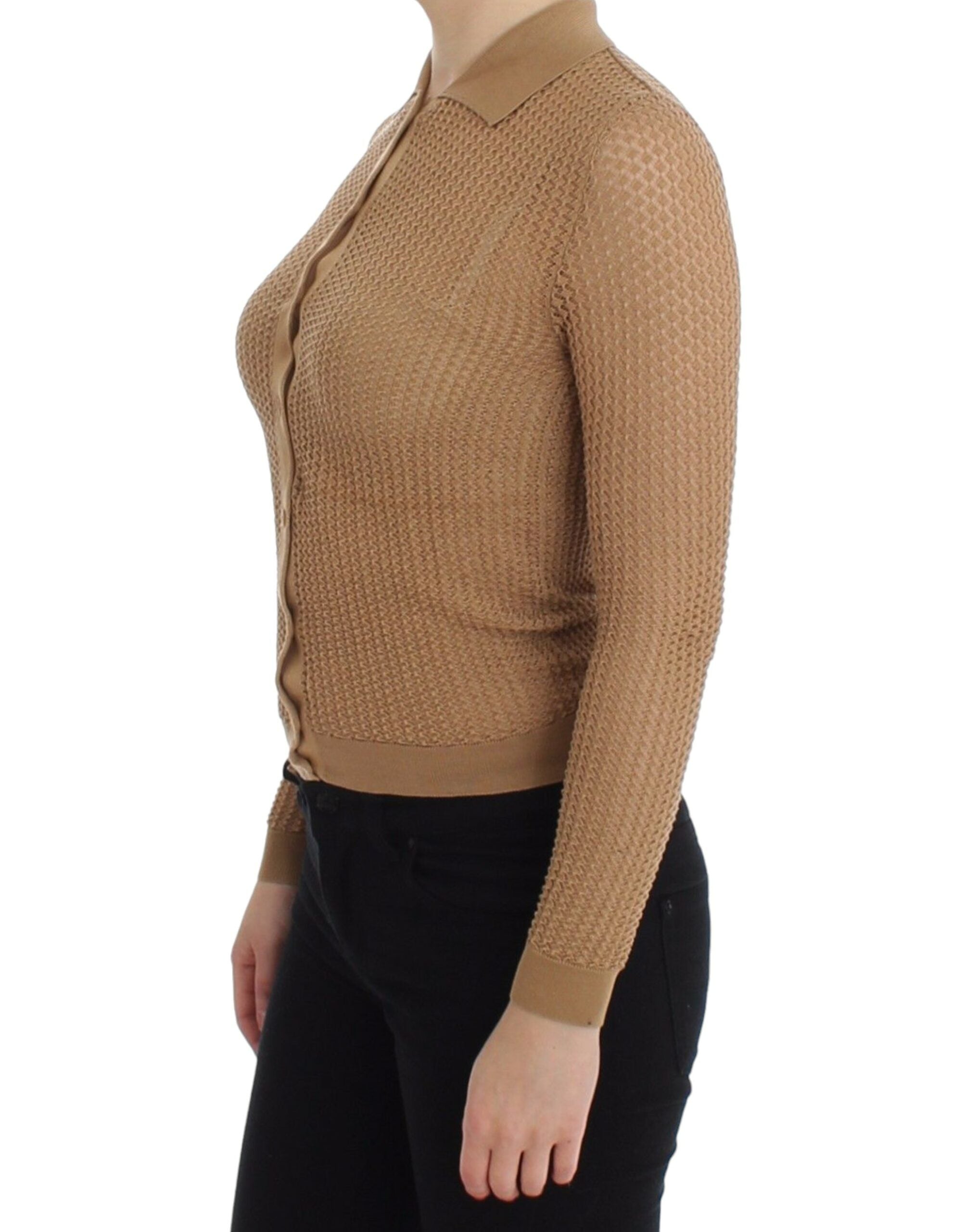 Beige stickad bomullspolo-kofta