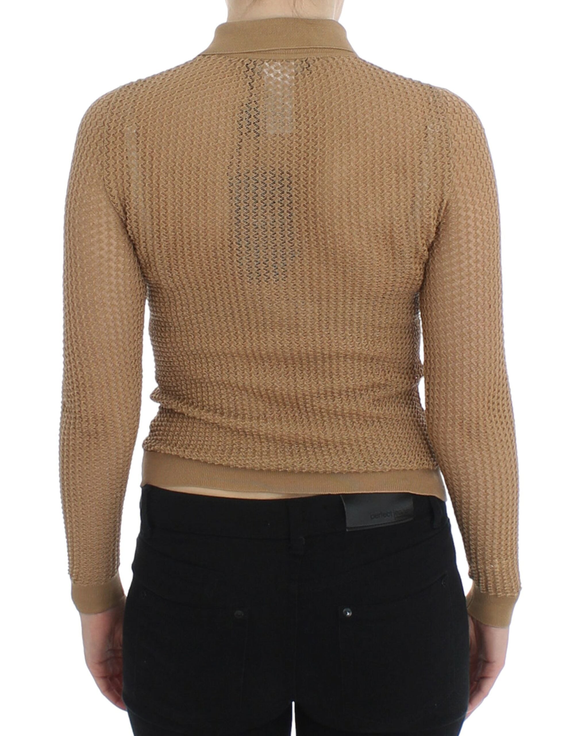 Beige stickad bomullspolo-kofta