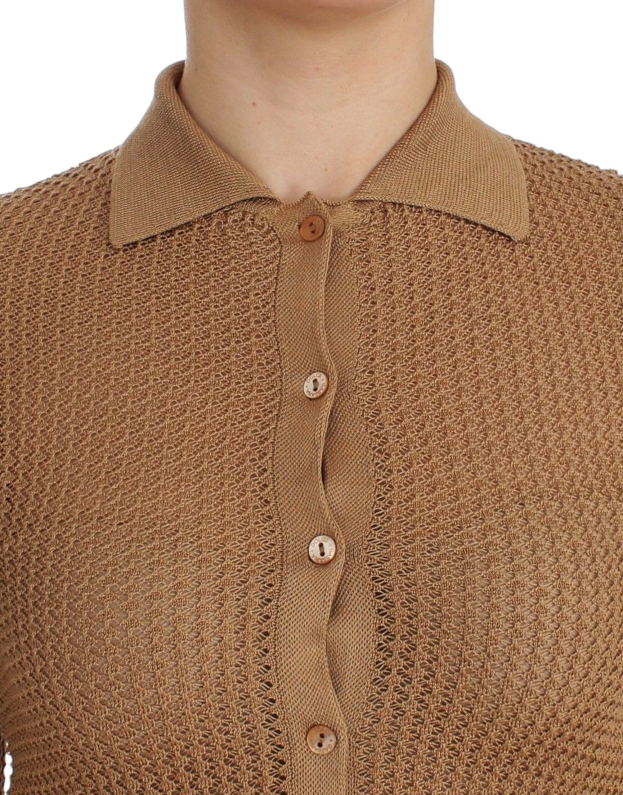 Beige stickad bomullspolo-kofta