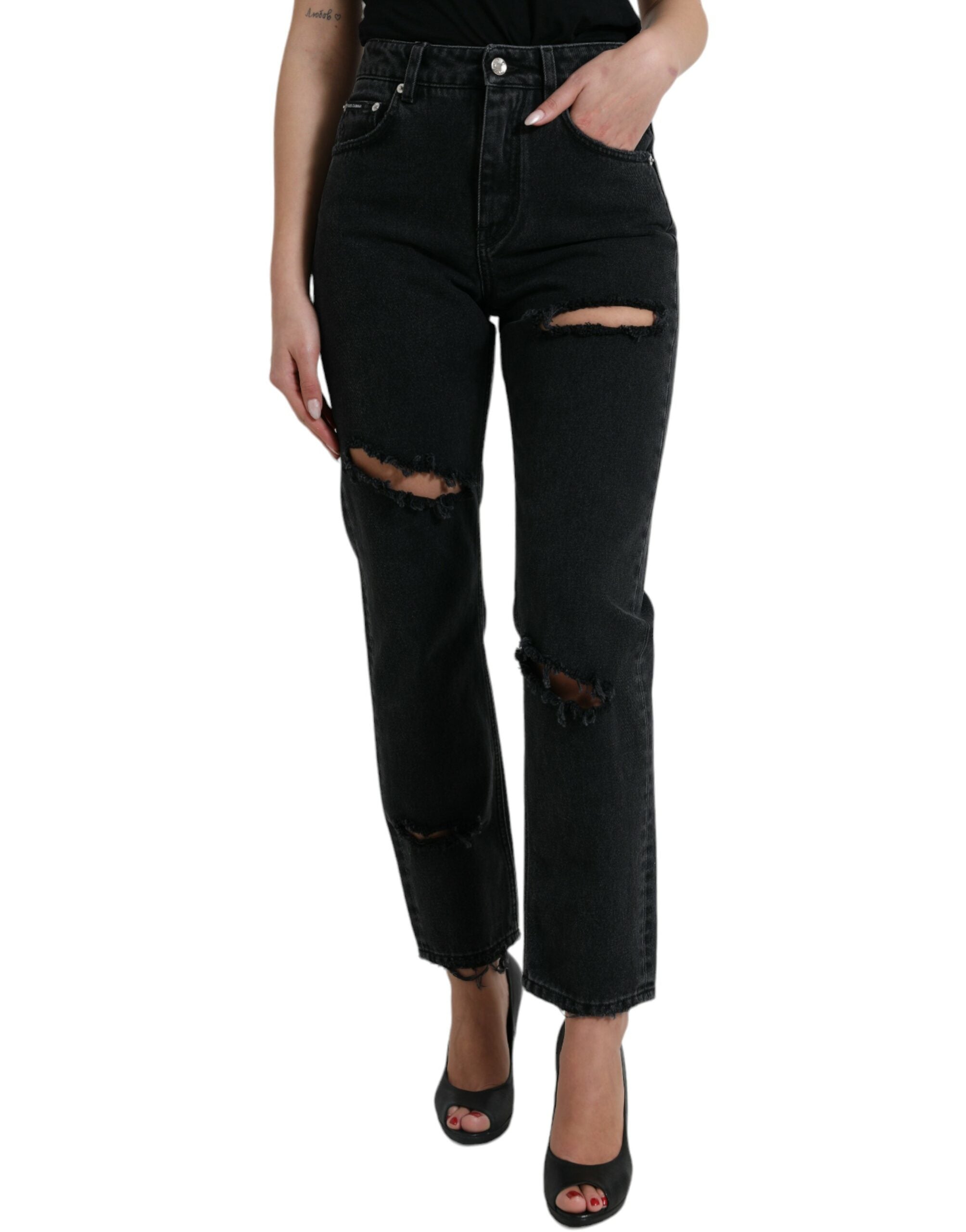 Svarta bomullsjeans med hög midja och slitna denim