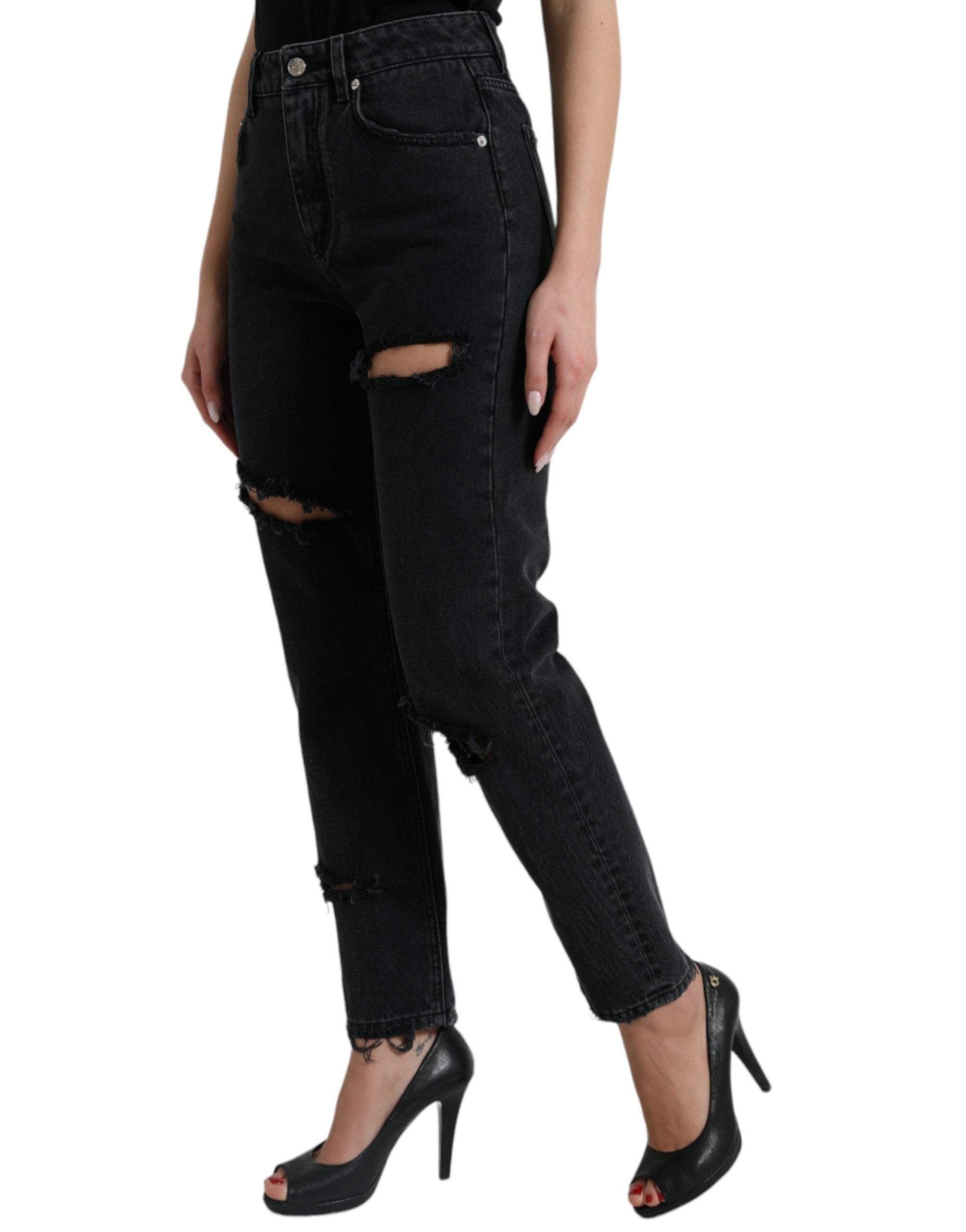 Svarta bomullsjeans med hög midja och slitna denim