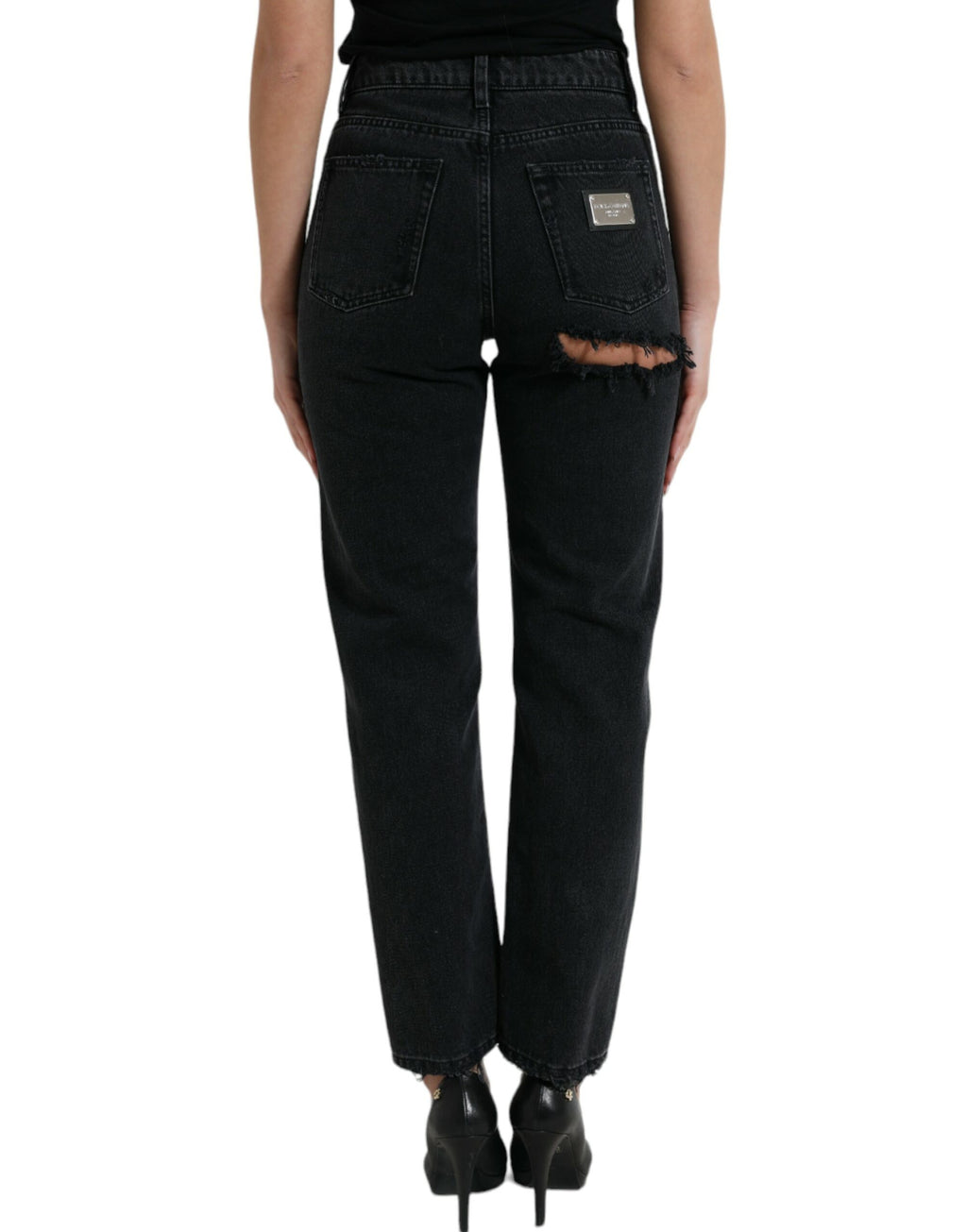 Svarta bomullsjeans med hög midja och slitna denim