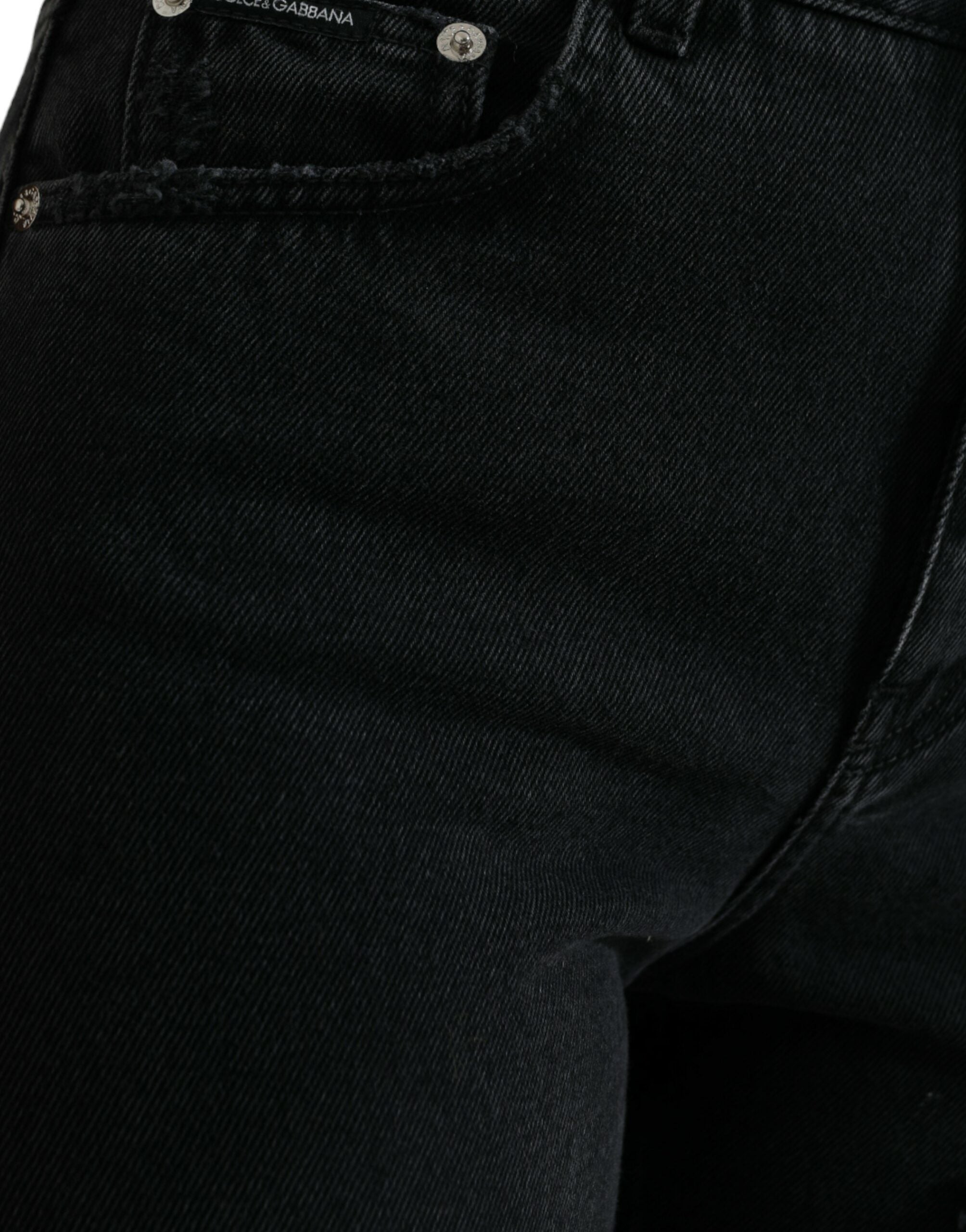 Svarta bomullsjeans med hög midja och slitna denim