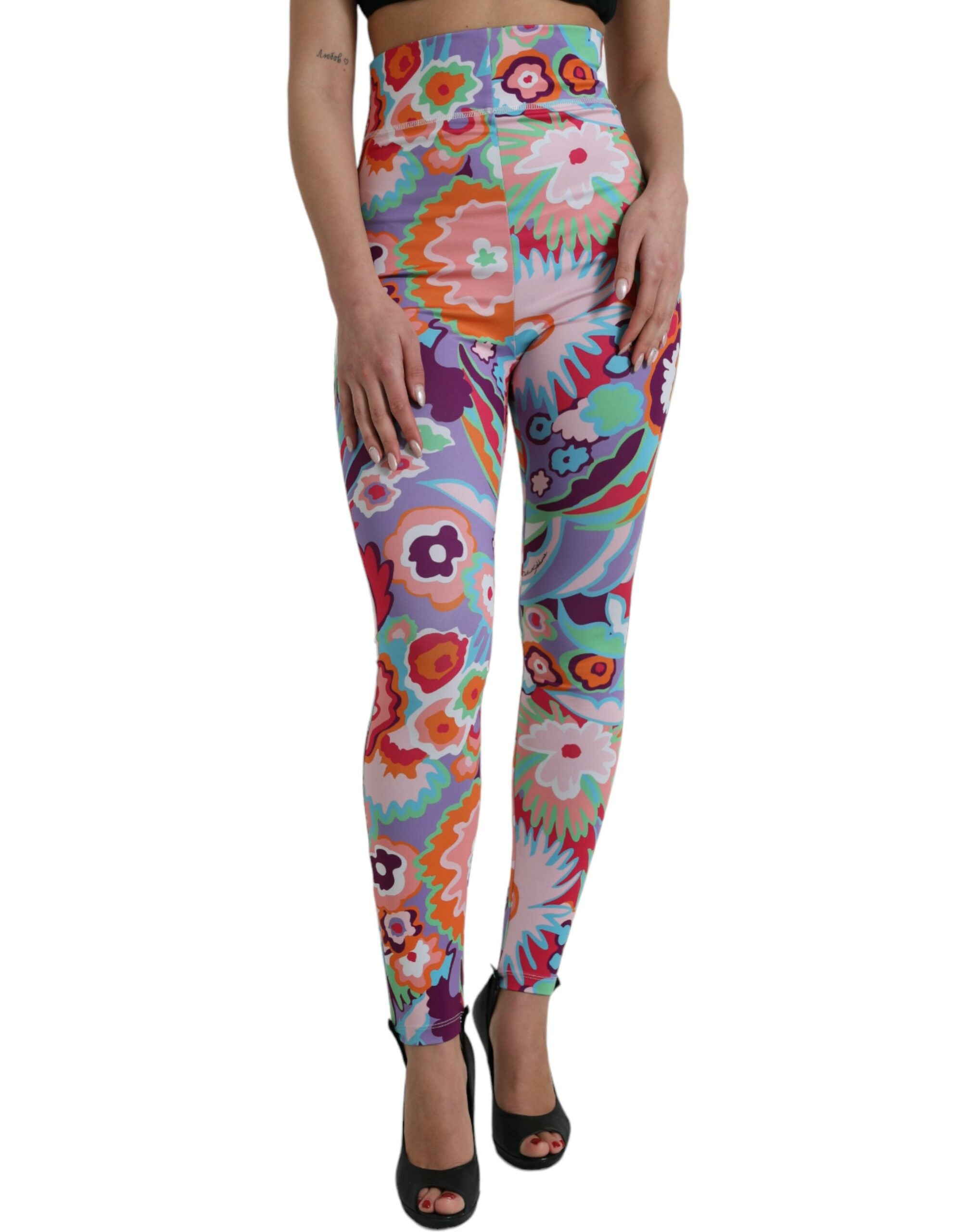 Flerfärgade blommiga leggings med hög midja