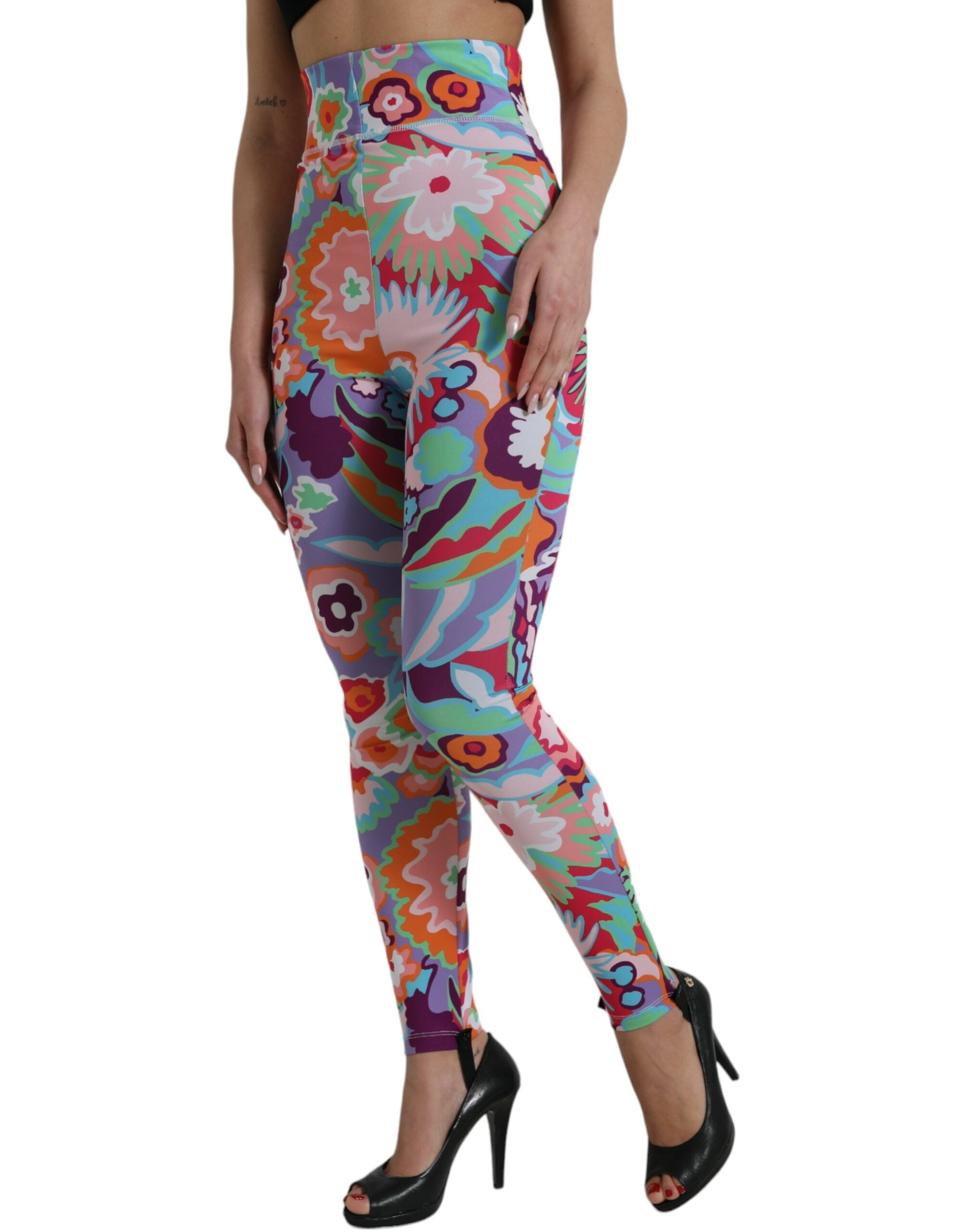 Flerfärgade blommiga leggings med hög midja
