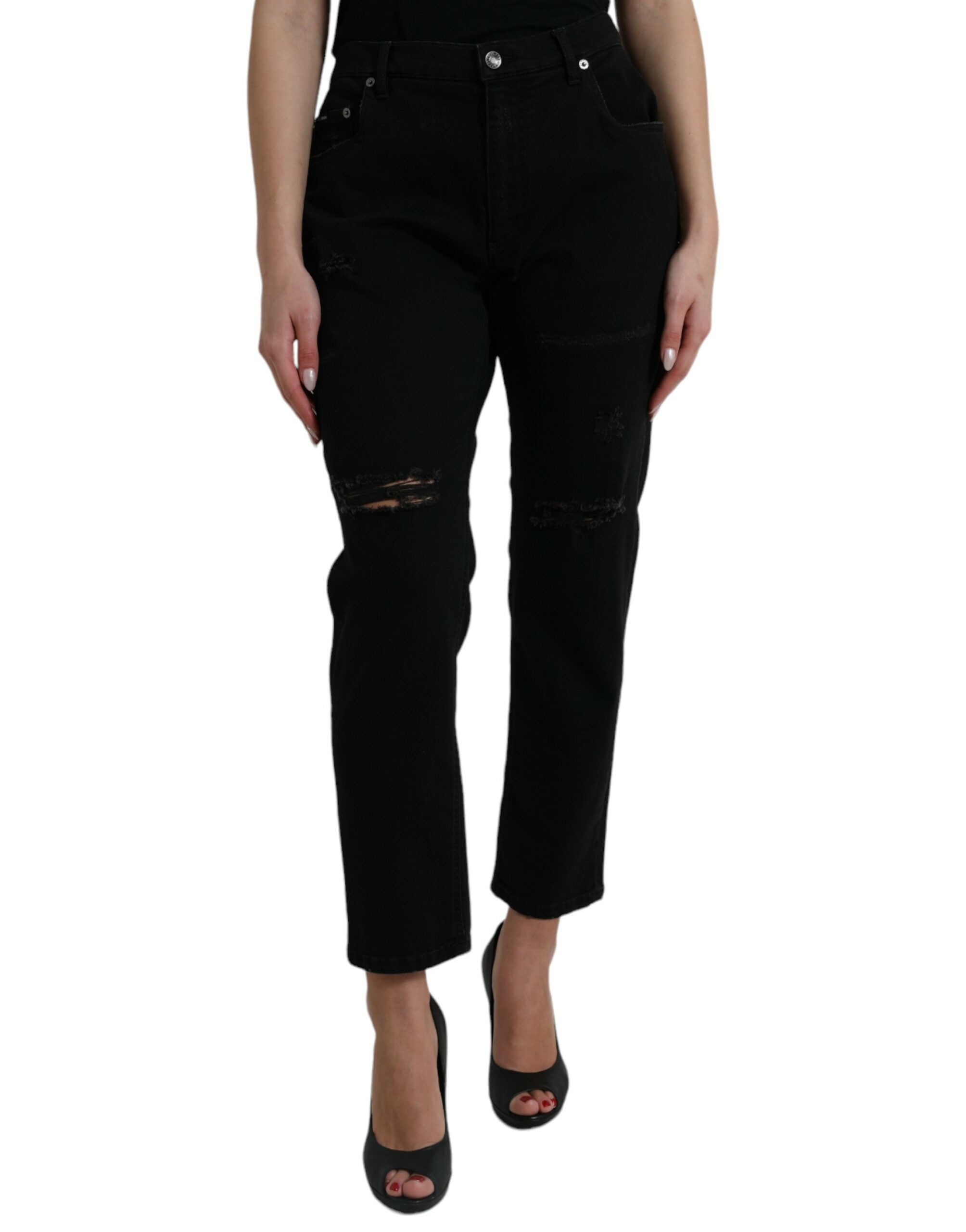 Svarta bomullsjeans med hög midja och slitna denim