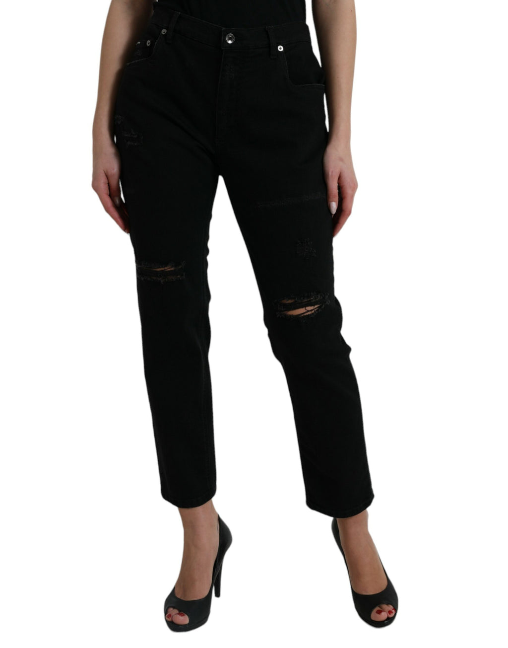 Svarta bomullsjeans med hög midja och slitna denim