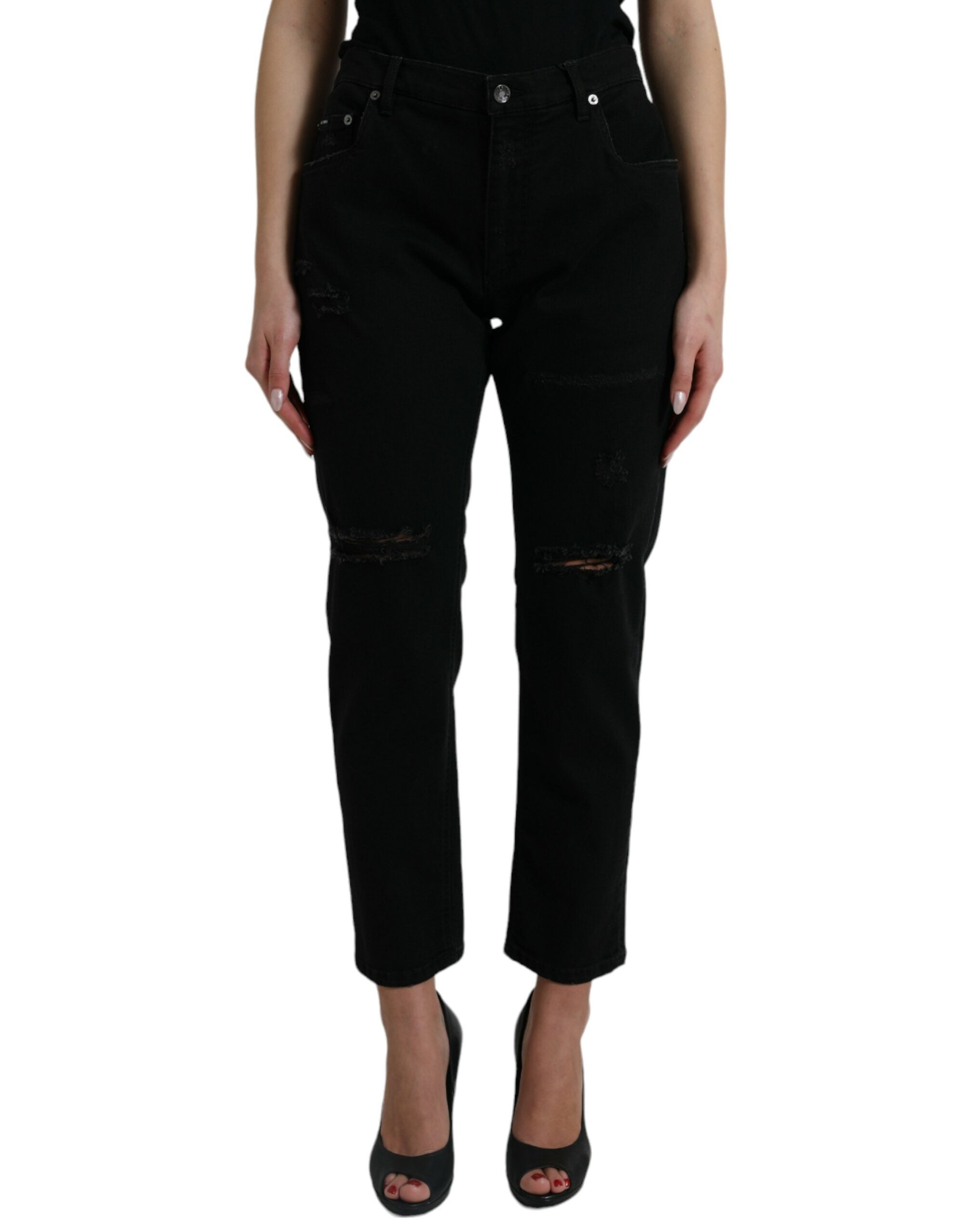Svarta bomullsjeans med hög midja och slitna denim
