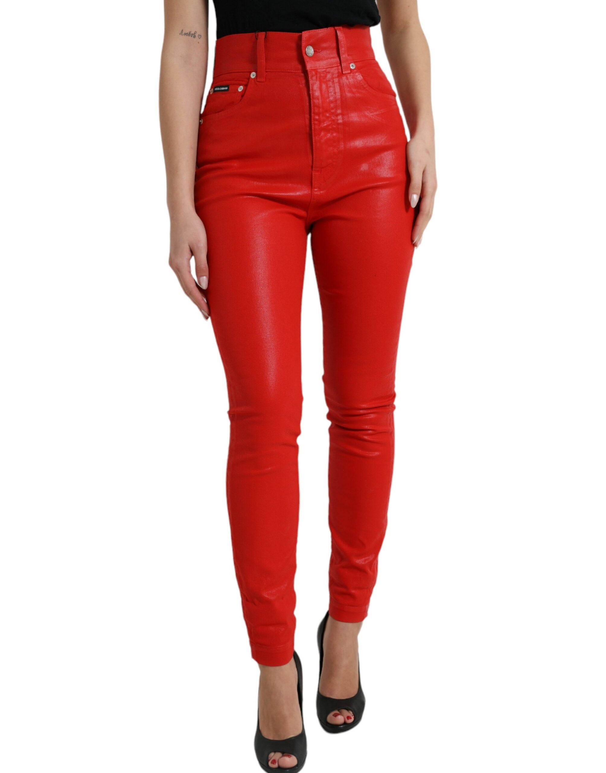 Röda skinny jeans med hög midja i bomull