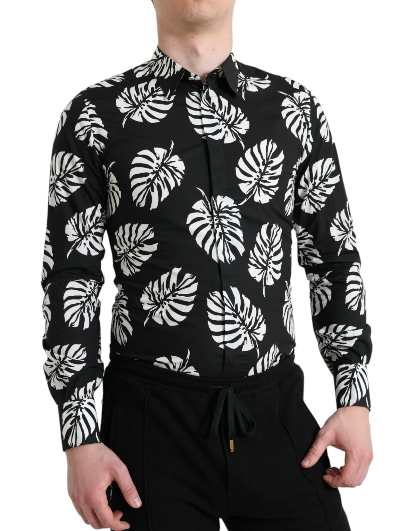 Dolce &amp; Gabbana Black Leaf Cotton Herr Formell Guldskjorta