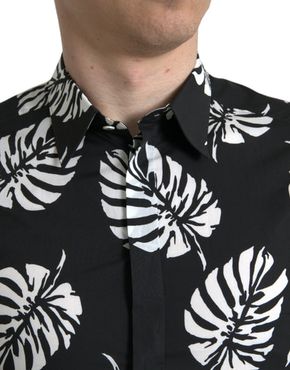 Dolce &amp; Gabbana Black Leaf Cotton Herr Formell Guldskjorta