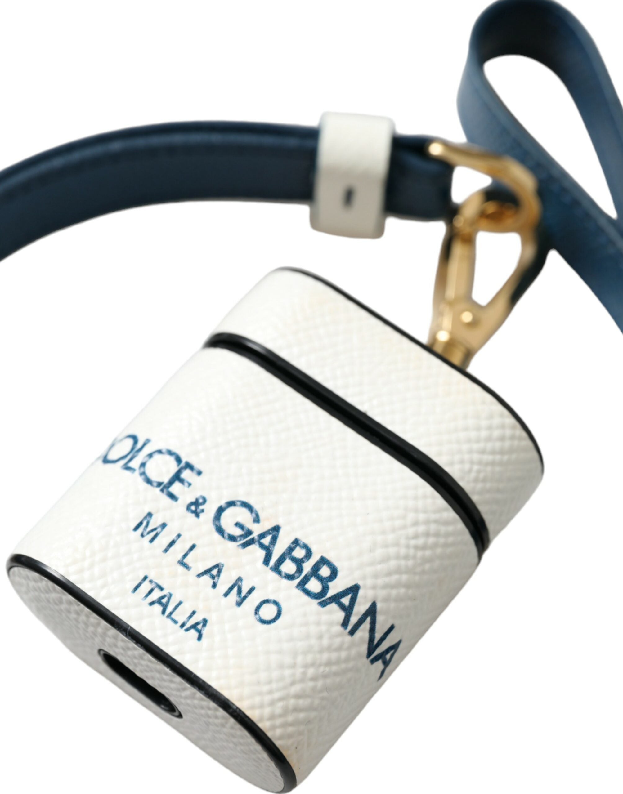 Vitt Blått Kalvskinnsfodral med Logotyptryck och Rem till Airpods