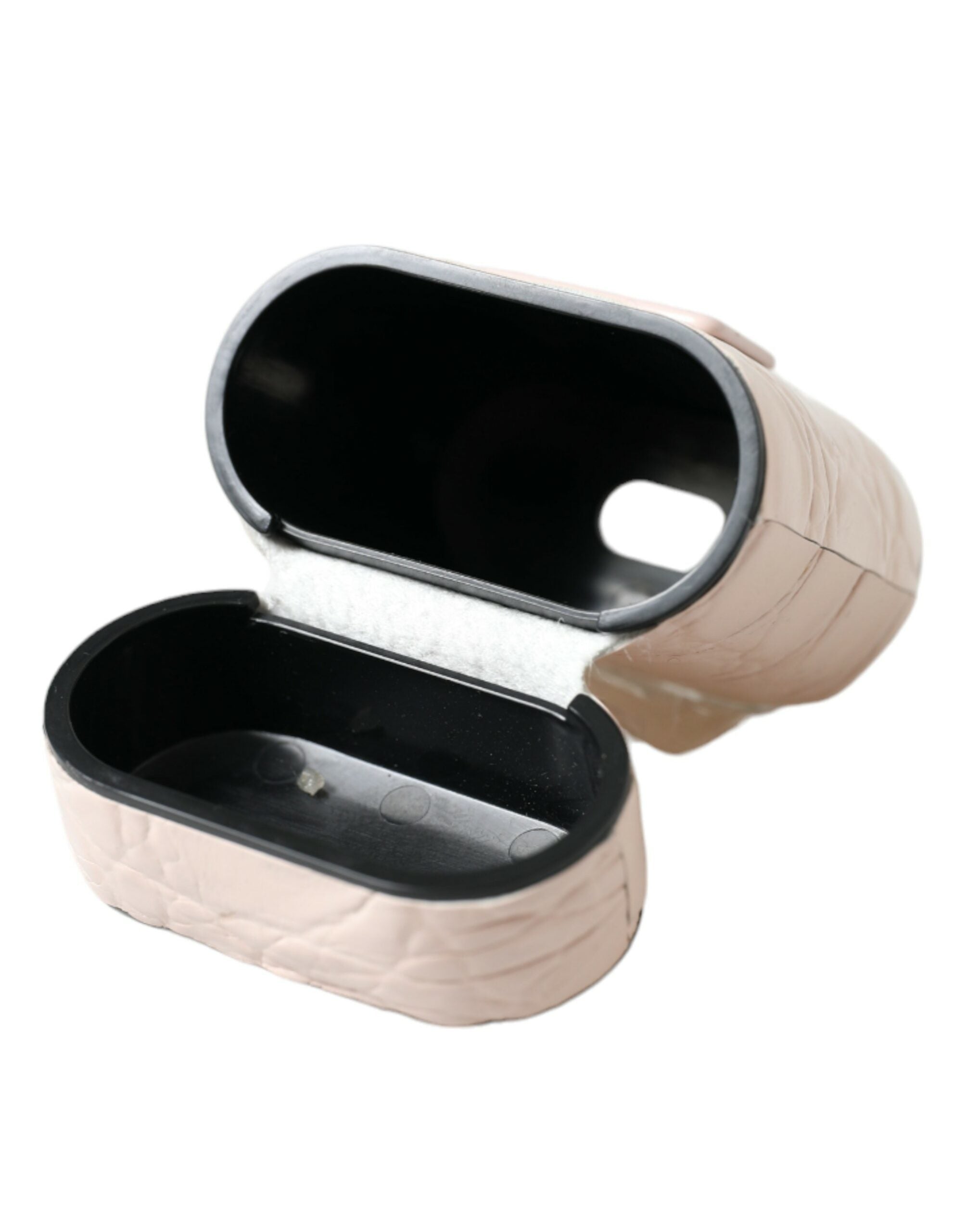 Ljusrosa kalvläderfodral med logotyp och plack till Airpods