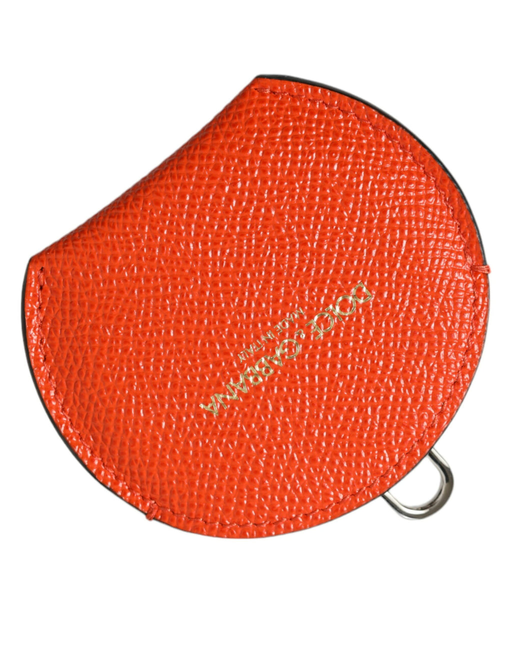 Orange rund handspegelhållare i kalvskinnsläder med logotyp