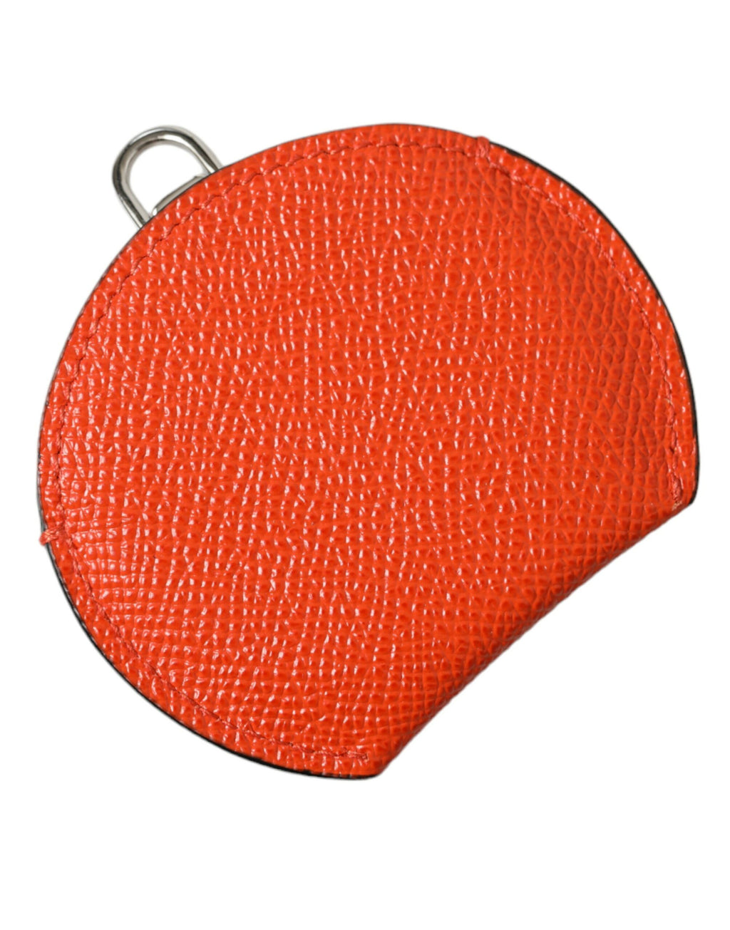Orange rund handspegelhållare i kalvskinnsläder med logotyp