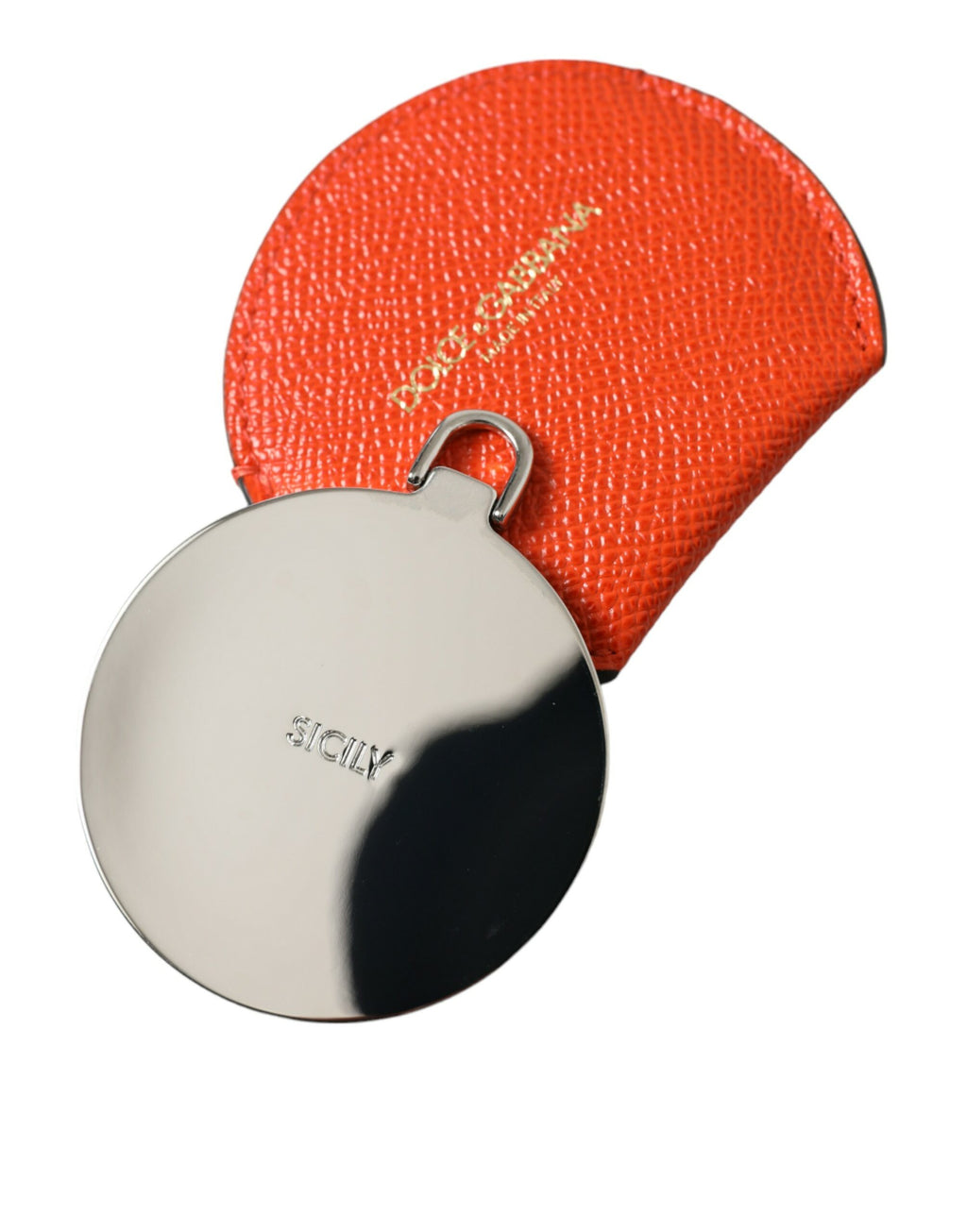 Orange rund handspegelhållare i kalvskinnsläder med logotyp