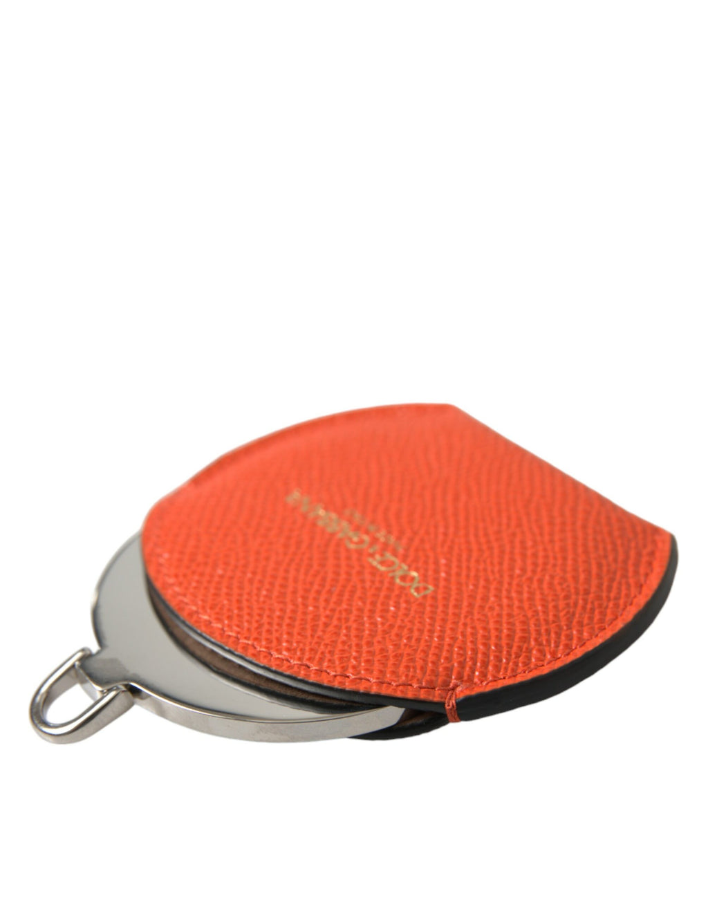 Orange rund handspegelhållare i kalvskinnsläder med logotyp