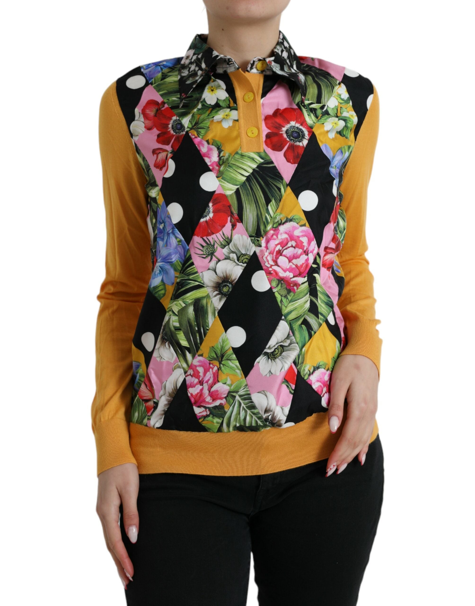 Flerfärgad patchwork cashmere henleytröja