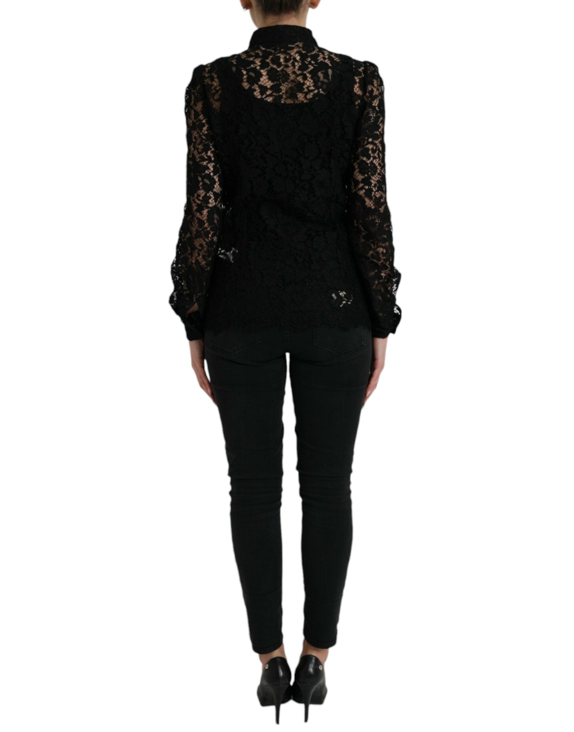 Dolce & Gabbana Black Floral Lace Long Sleeves Blouse Top